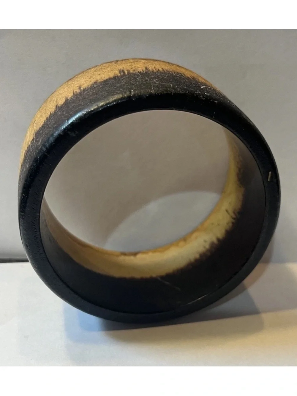 Vintage Two-Tone Wide Wooden Bangle Bracelet Black & Natural 7.8” 2.5 diameter